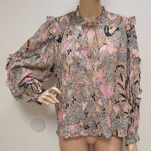 ULLA JOHNSON SILK FLORAL PRINT SMOCKED PEASANT BLOUSE TOP METALLIC 6